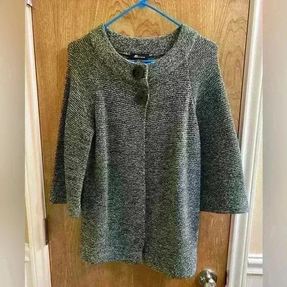 Women AB Studio 3/4 Wide Sleeves Gray Casual Work Cardigan Button Sweater Sz S